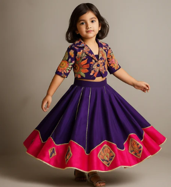 Pre Order: Printed Collar Neck Purple Top And Lehenga