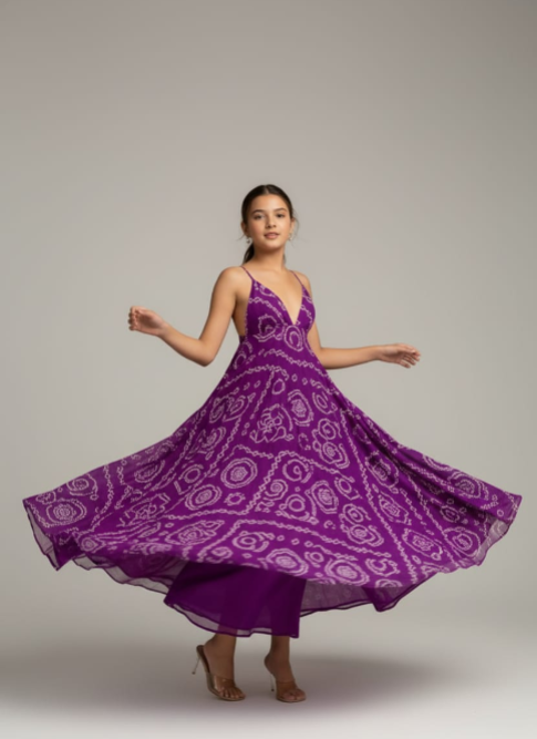 Pre Order: Purple Bandhani Georgette Gown
