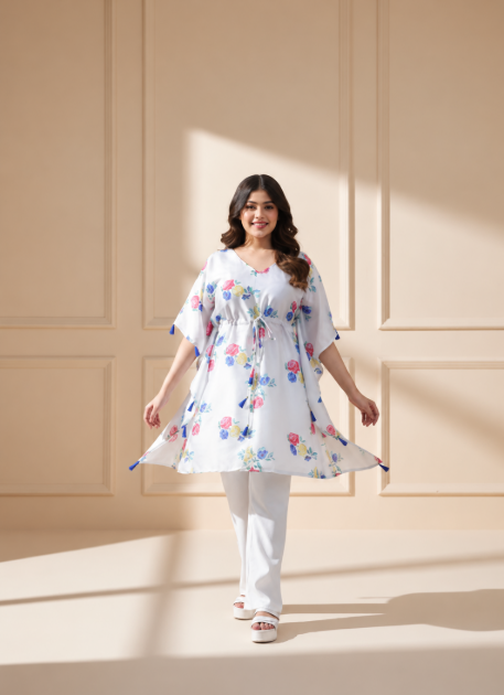 Pre Order: White Flower Printed Tassels Detailed Kaftan Coord Set