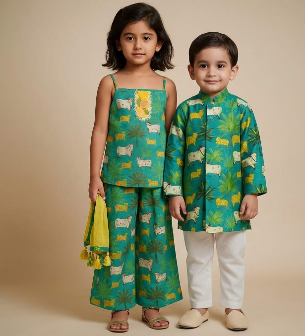(Girl) Pre Order: Ethnic Printed Kurti And Pant With Net Dupatta