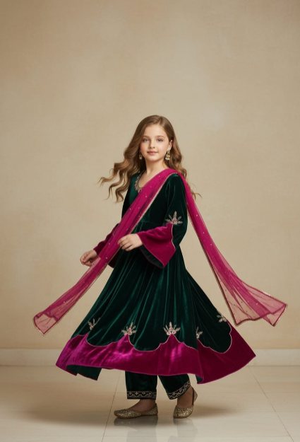 Pre Order: Green And Pink Velvet Anarkali Suit Set