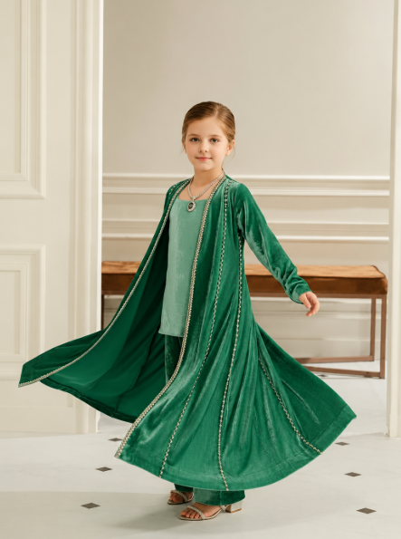 Pre Order: Green Velvet Kurti With Shrug Set