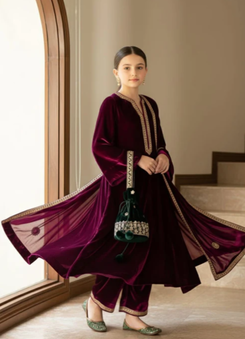 Pre Order: Wine Velvet Anarkali Lacs Detailing Suit Set
