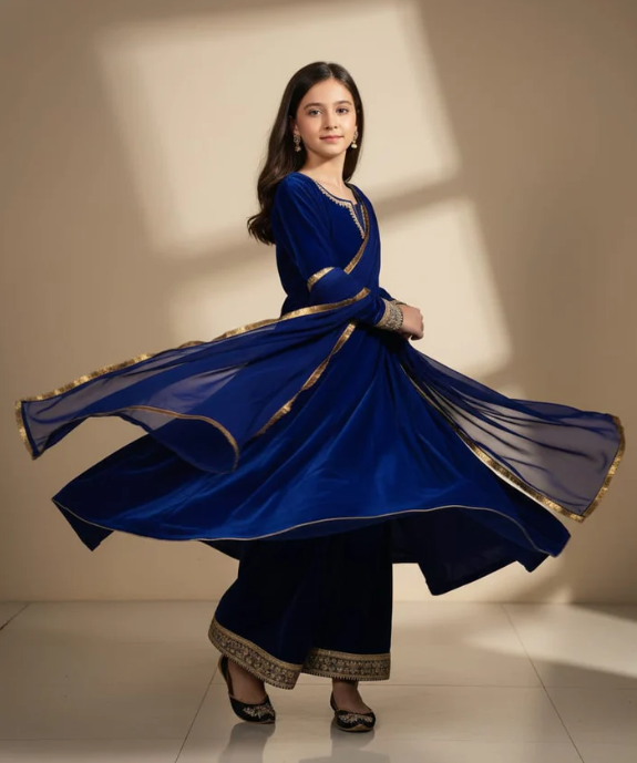 Pre Order: Royal Blue Velvet Anarkali Suit Set