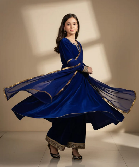 Pre Order: Royal Blue Velvet Anarkali Suit Set