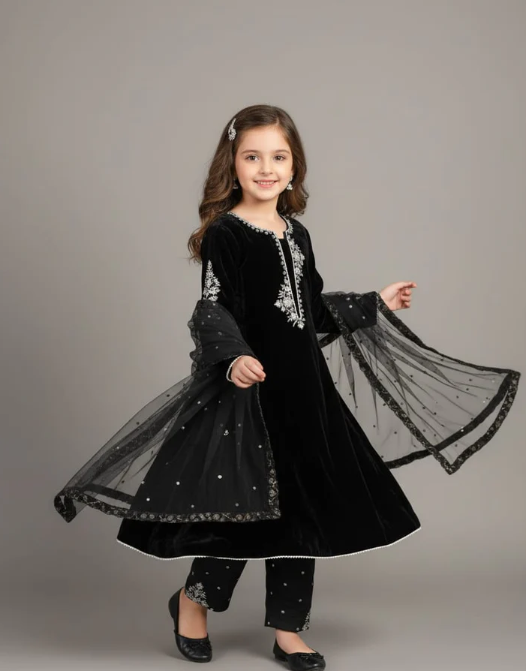 Pre Order: Black Embroidered Anarkali Suit Set