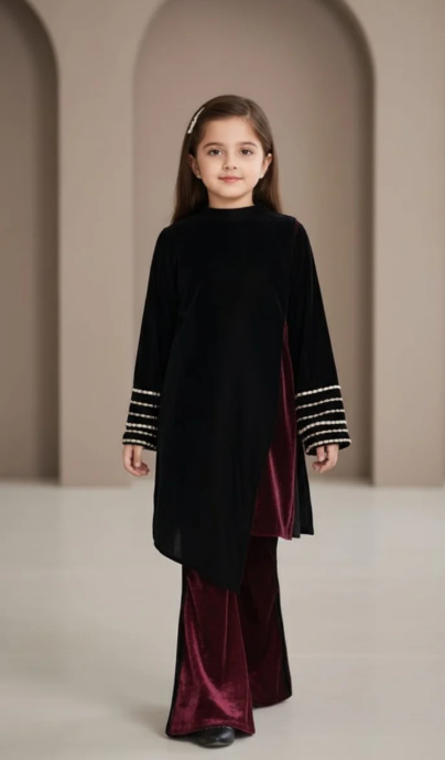 Pre Order: Black And Maroon Velvet Suit Set
