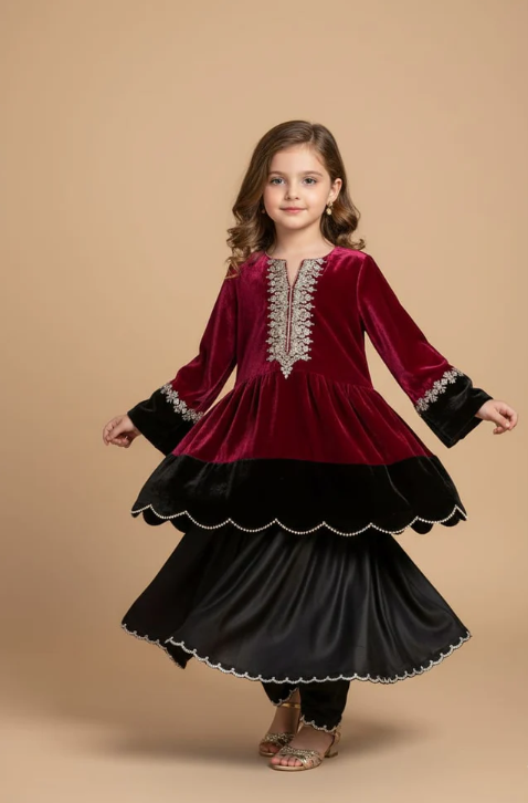 Pre Order: Maroon And Black Velvet Anarkali Suit Set