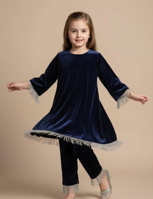 Pre Order:Dark Blue Kurti Lace Detailing Suit Set