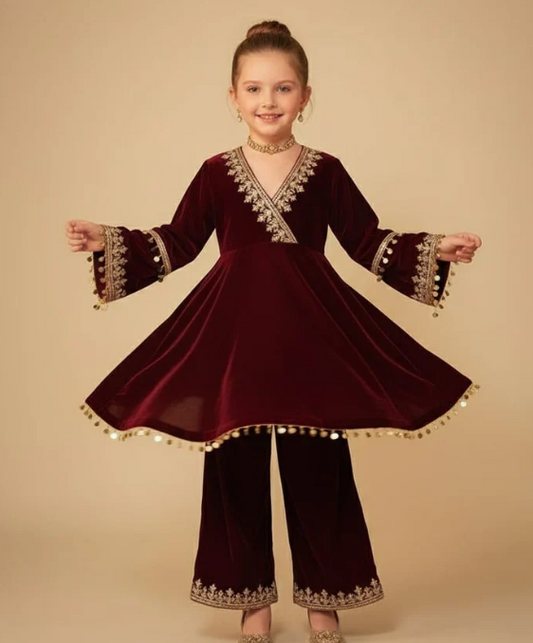 Pre Order: Maroon Embroidered Velvet Suit Set