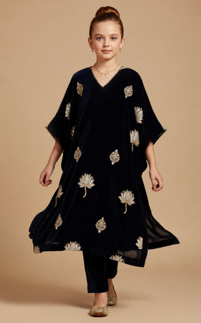 Pre Order:Black Floral Embroidered Velvet Suit Set