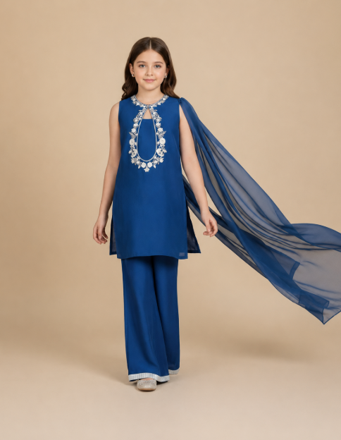 Pre Order: Blue Embroidered Suit Set