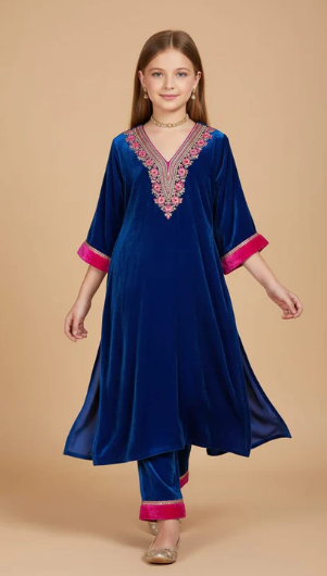 Pre Order:Blue Embroidered Velvet Suit Set