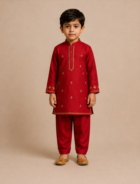 (Boy) Pre Order:Red And Gold Embroidered kurta Set