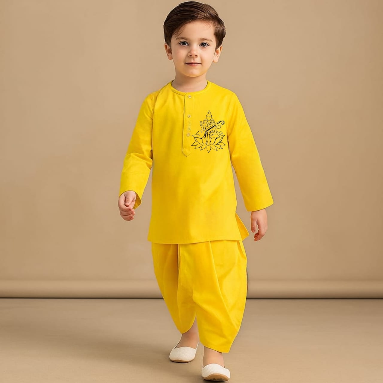 Pre Order: Saraswati Mataji Yellow Kurta And Dhoti Style Pant