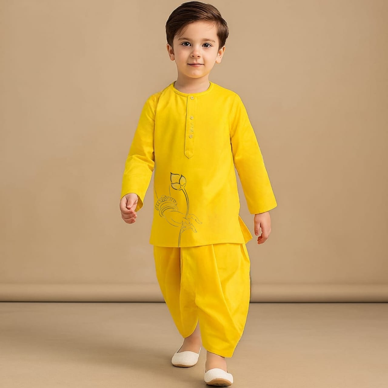 Pre Order: Palm Lotus Yellow Kurta And Dhoti Style Pant