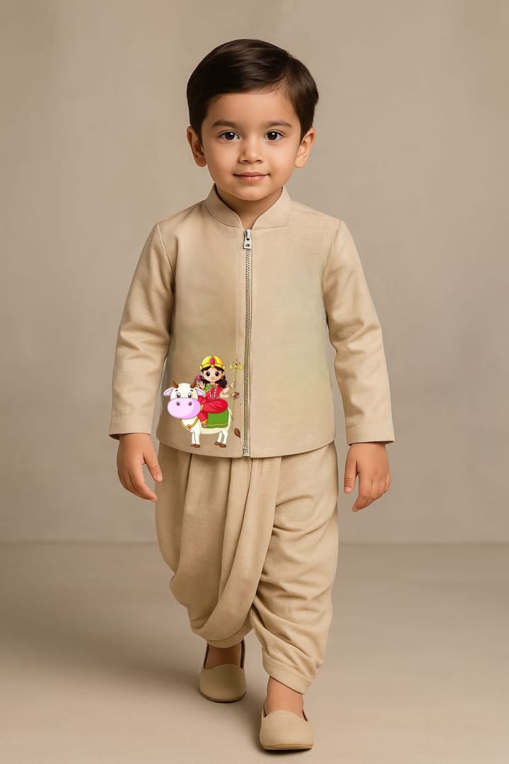 Pre Order: Maa Shailaputri Beige Jacket And Dhoti