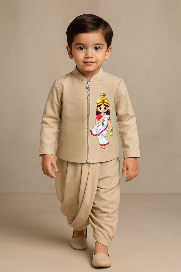 Pre Order: Maa Brahmachrini Beige Jacket And Dhoti