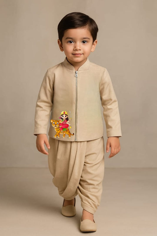 Pre Order: Maa Chandraghanta Beige Jacket And Dhoti