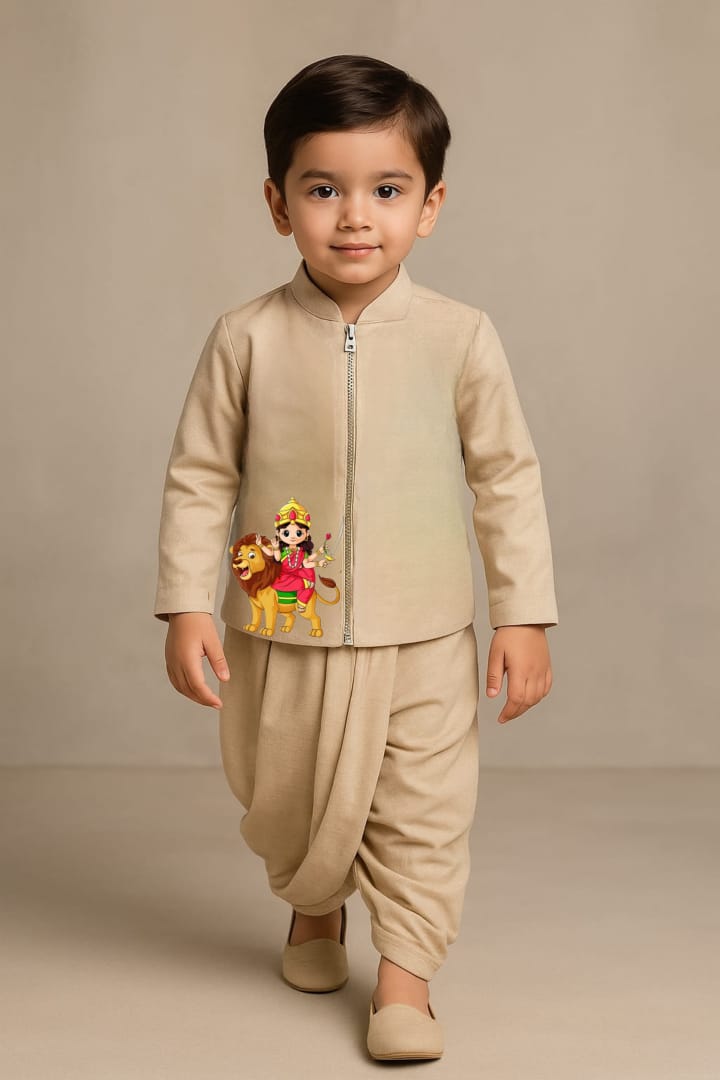 Pre Order: Maa Katyayani Beige Jacket And Dhoti