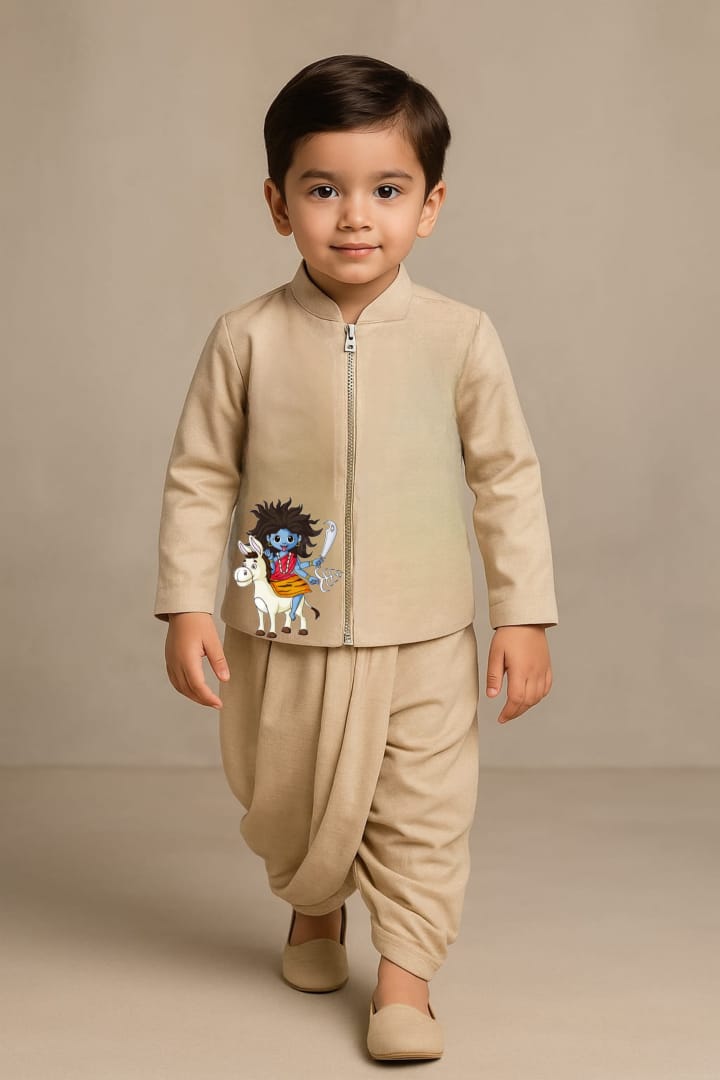 Pre Order: Maa Kaalratri Beige Jacket And Dhoti