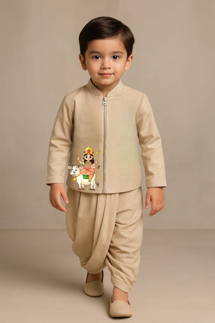 Pre Order: Maa Mahagauri Beige Jacket And Dhoti
