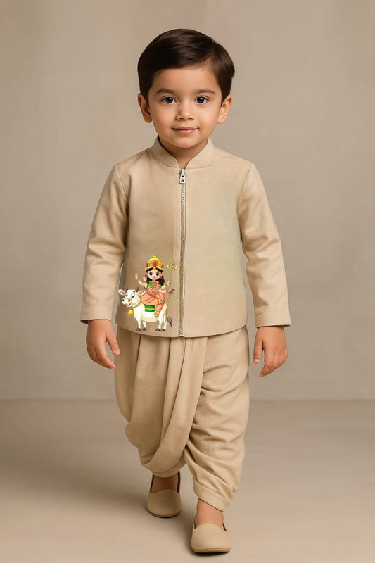 Pre Order: Maa Mahagauri Beige Jacket And Dhoti