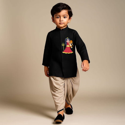 Pre Order: Maa Chandraghanta with tiger Black Kurta With Dhoti