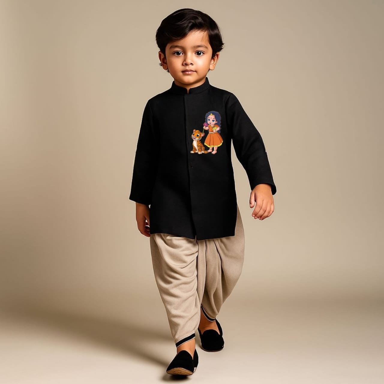 Pre Order: Maa Kushmanda with tiger and lotus Black Kurta With Dhoti