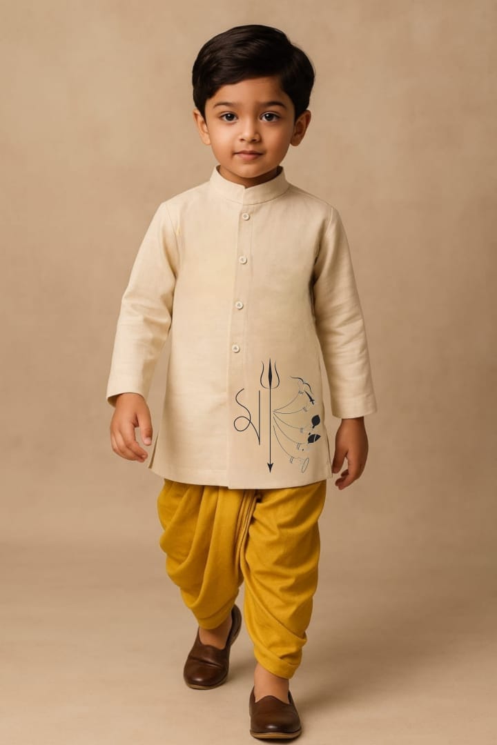 Pre Order: Trishul Devi Off White  Kurta With Yellow Dhoti