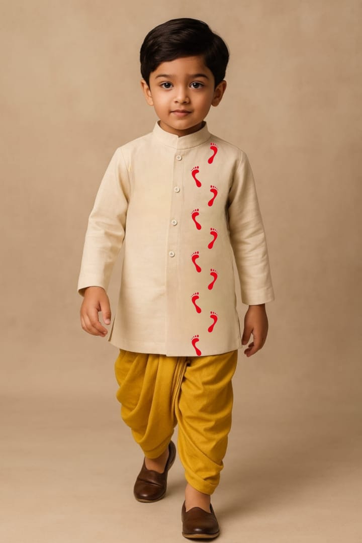 Pre Order: Divine Steps Off White  Kurta With Yellow Dhoti
