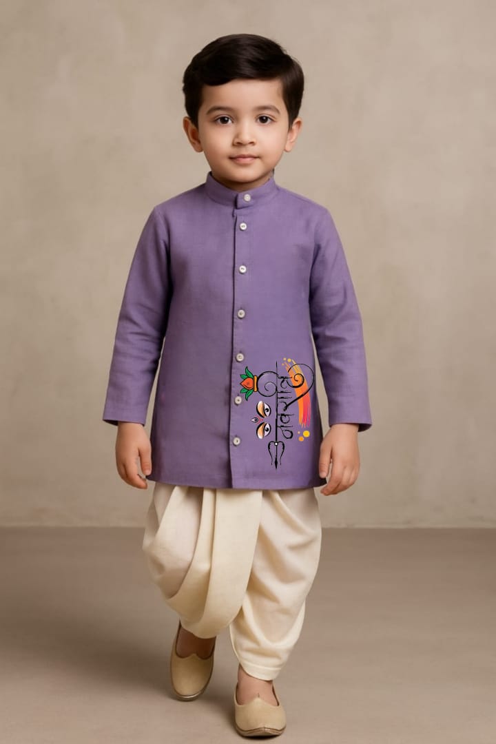 Pre Order: Divine Vision of Navratri Purple Kurta With Off White Dhoti