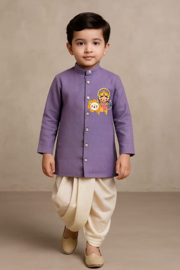 Pre Order: Mata Durga Purple Kurta With Off White Dhoti