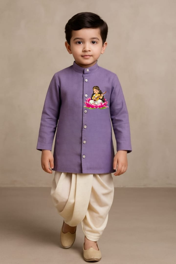 RTD Pre Order: Maa Saraswati  Purple Kurta With Off White Dhoti