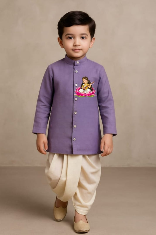 RTD Pre Order: Maa Saraswati  Purple Kurta With Off White Dhoti