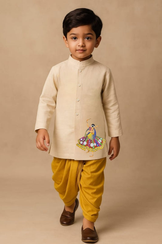 Pre Order: Dandiya Off White Kurta With Yellow Dhoti