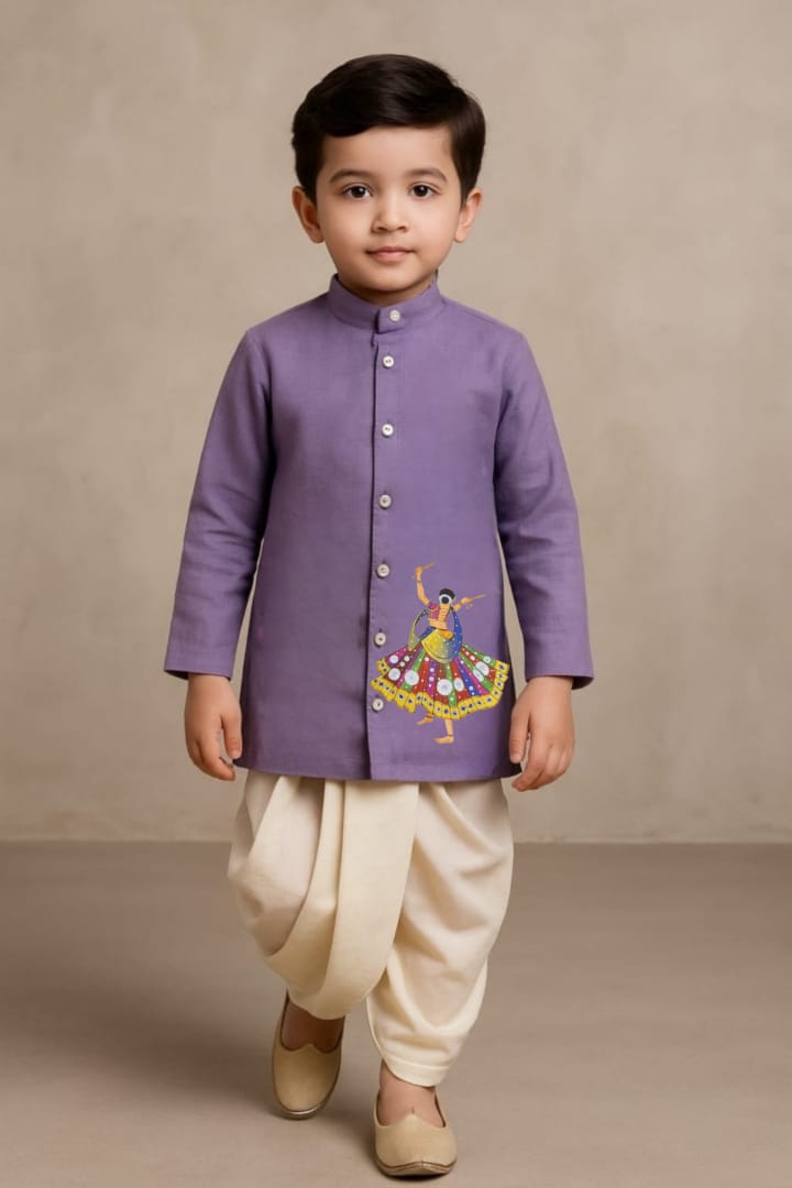 Pre Order: Folk Fusion Purple Kurta With Off White Dhoti