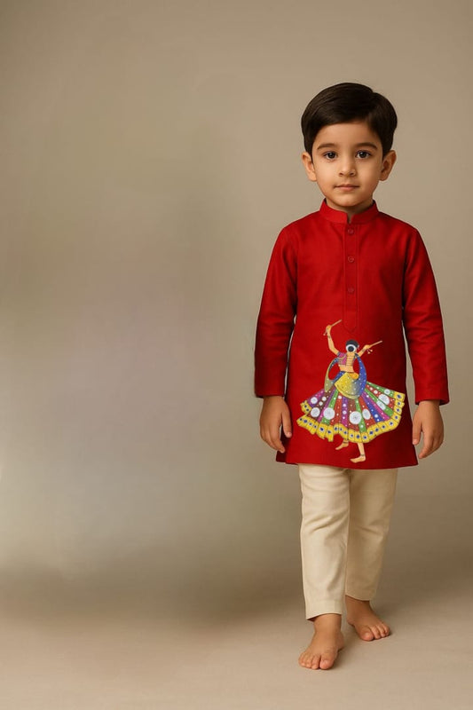 Pre Order: Garba Red Kurta And Pyjama Set