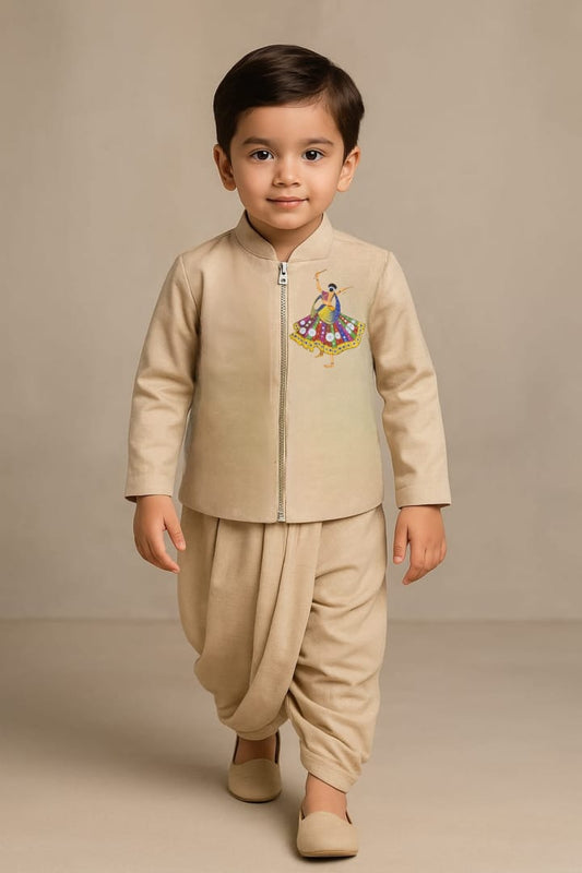 Pre Order: Raasrang Beige Jacket And Dhoti