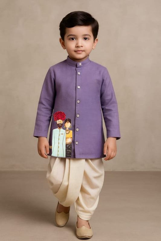 Pre Order: Yugalbandi Purple Kurta With Off White Dhoti