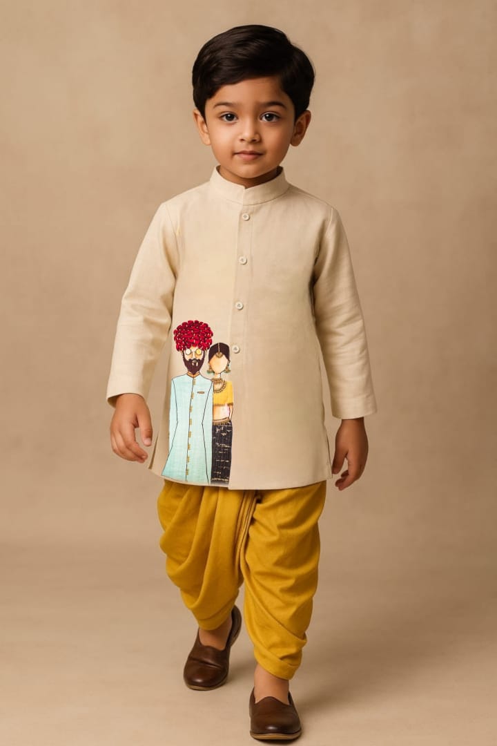 Pre Order: Togetherness Off White Kurta With Yellow Dhoti