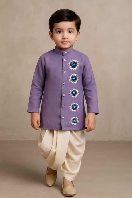 Pre Order: An Evil Embroidered Eye Purple Kurta With Off White Dhoti