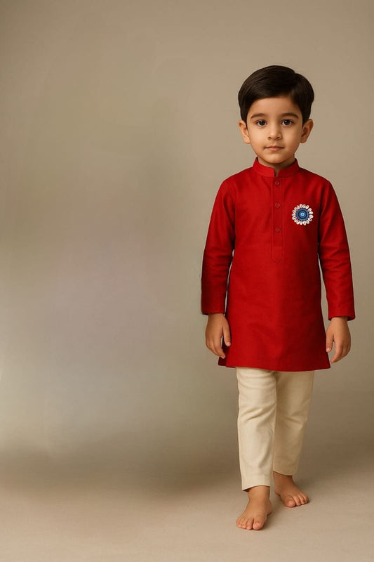 Pre Order: Embroidered Eye Red Kurta And Pyjama Set