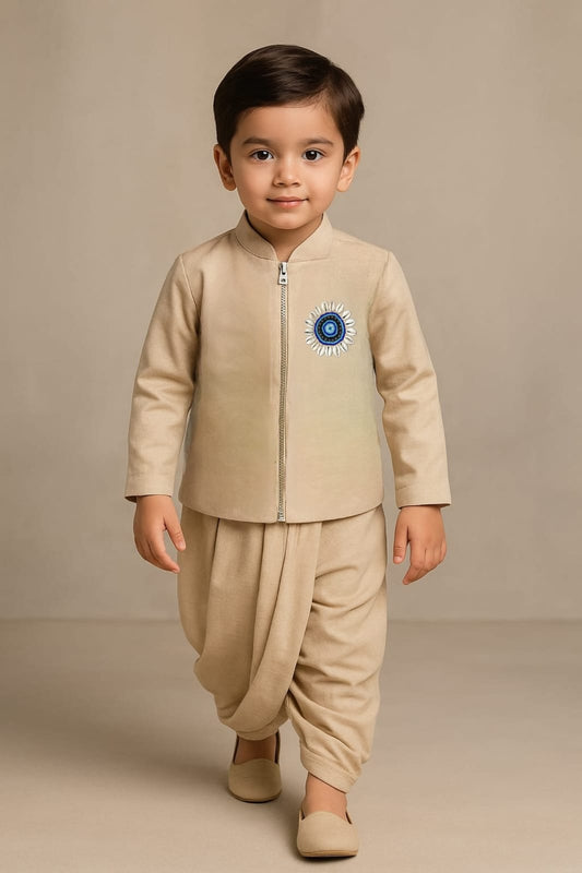 Pre Order: Charming Embroidered Eye Beige Jacket And Dhoti