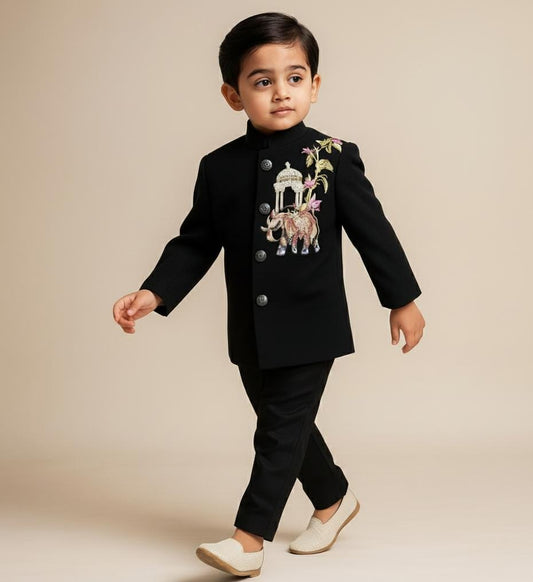 Pre Order: Black Ethnic Embroidered Sherwani With Black Pants