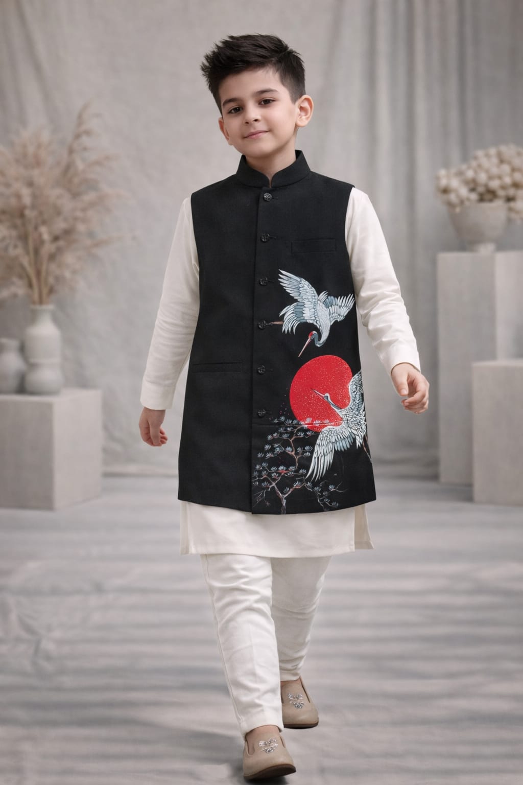 Pre Order: Rising Sun Crane Kurta Set With Jacket