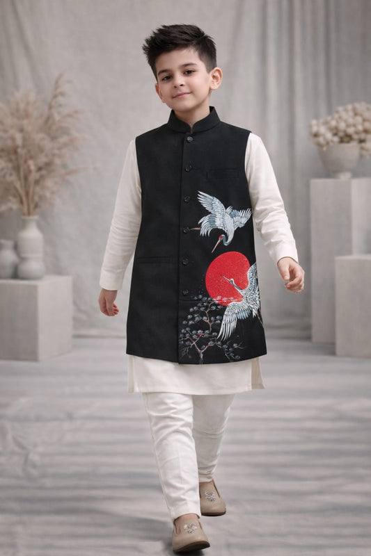 Pre Order: Rising Sun Crane Kurta Set With Jacket