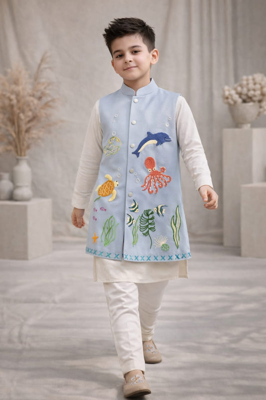 Pre Order:  Ocean Life  Kurta Set With Jacket