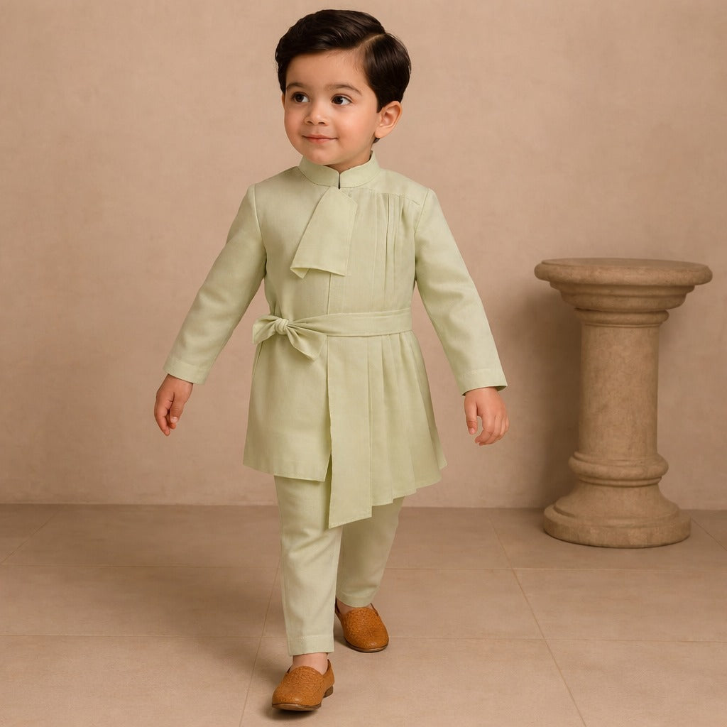 Pre Order: Elegant Pleated Drape Kurta With Flap And Pant