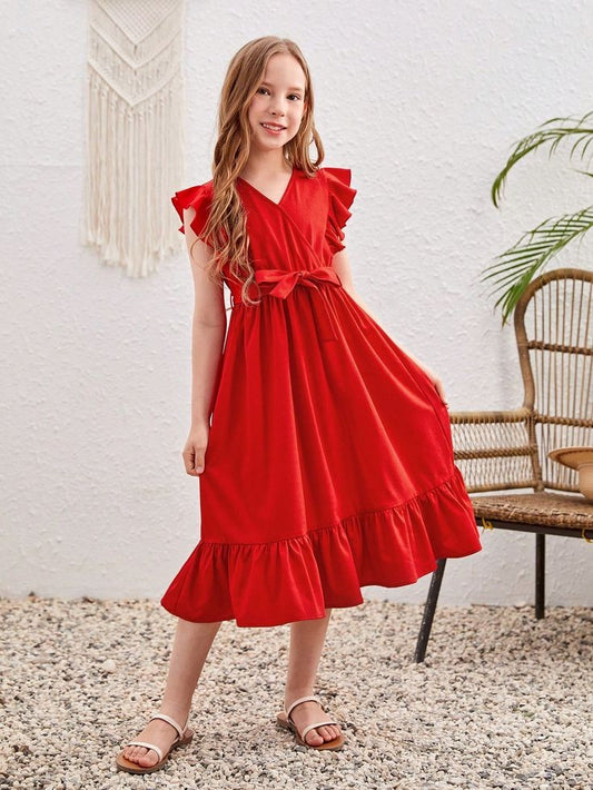 Pre Order: Super Red Frill Cut Sleeves Cotton Dress